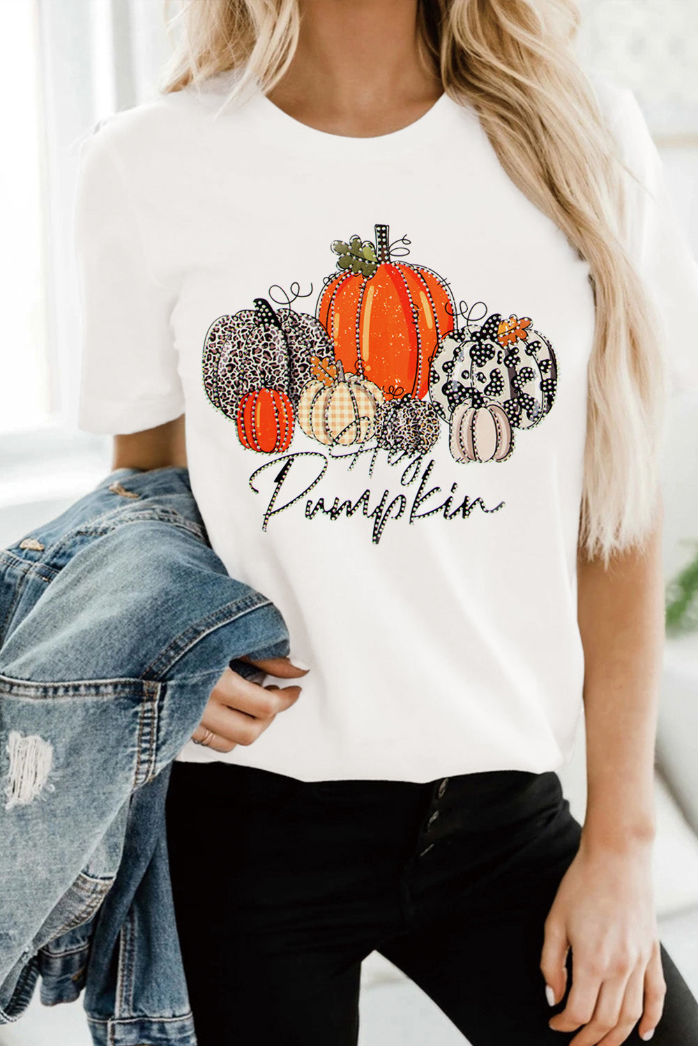 T-shirt de Thanksgiving à imprimé citrouille et strass blanc