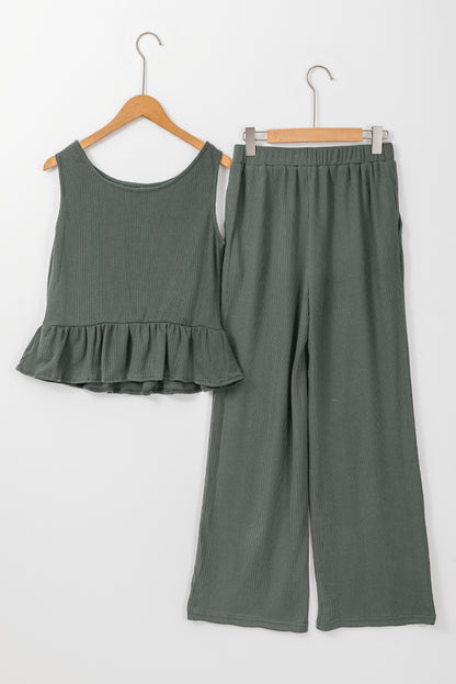 Ensemble débardeur et pantalon côtelés vert uni à volants