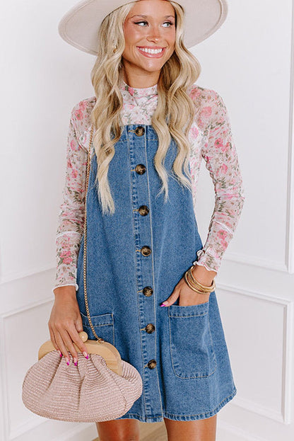 Dusk Blue Wide Strap Button Front Denim Mini Dress with Pockets
