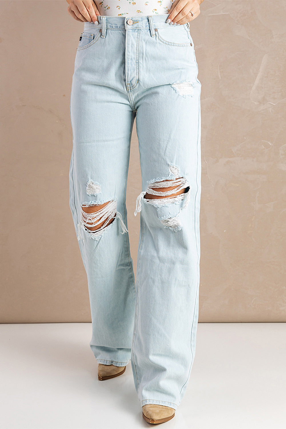 Sky Blue Washed Ripped Knee Wide Legs Jeans