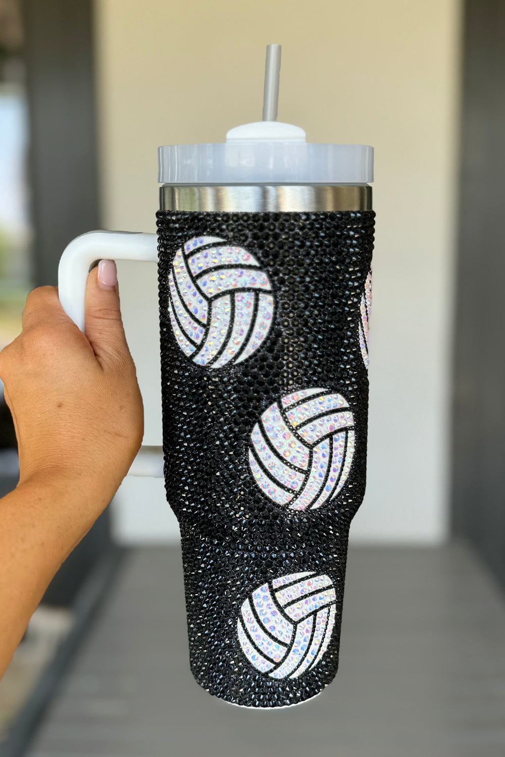 White 40 Oz Rhinestone Volleyball Tumbler with Handle