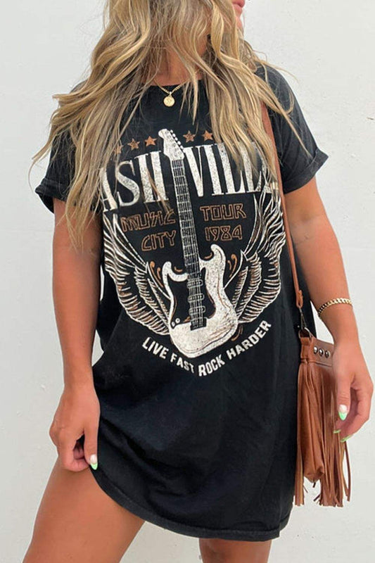Graphic round neck short sleeve tee dress featuring bold design and fringe bag.