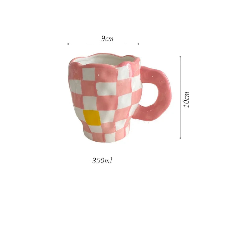 Handmade Coffee Cup Ceramic Irregular Checkerboard Design