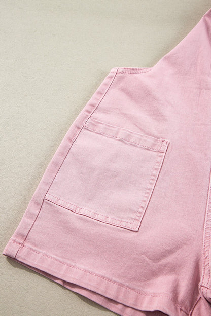 Pink Knot Strap Denim Romper with Pockets – Summer Casual Outfit