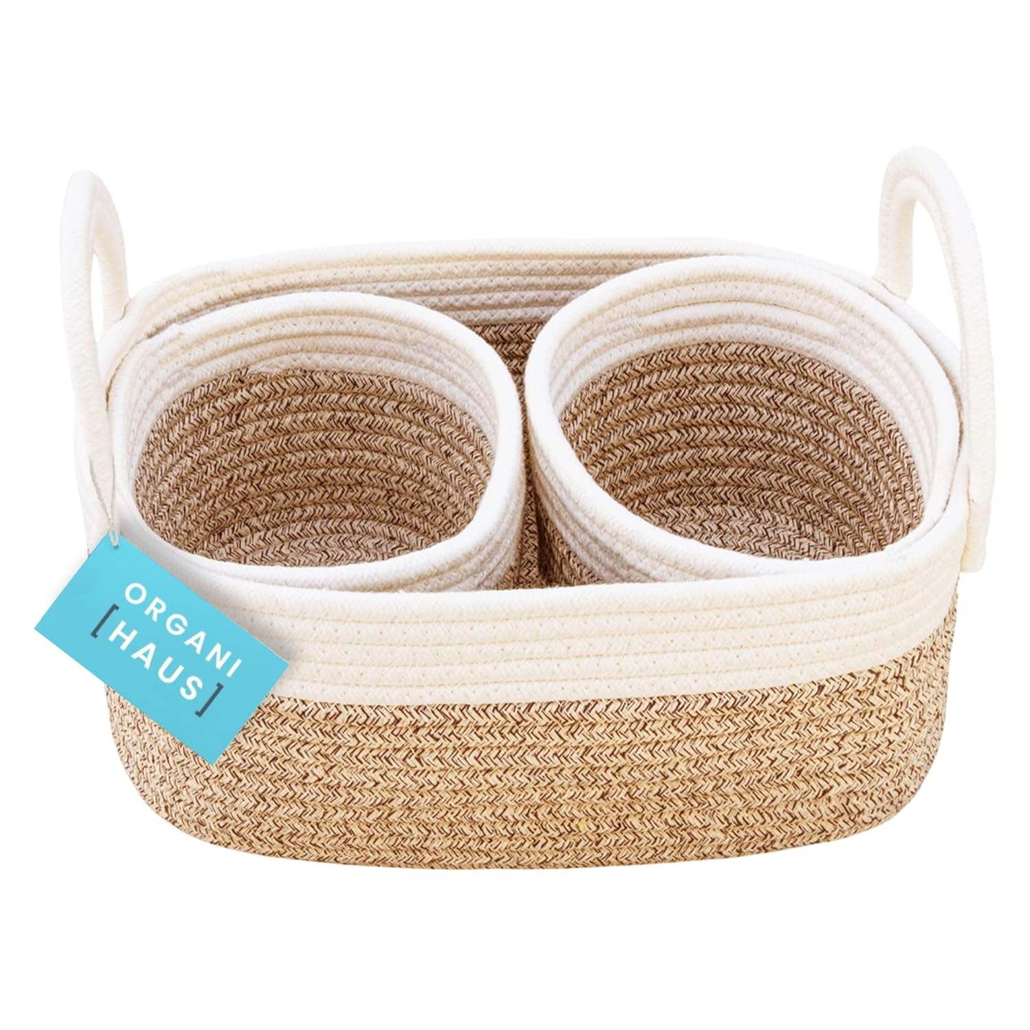 Brown Small Woven Baskets for Nursery Storage - Toy Basket Organizer - Baby Changing Basket - Storage Baskets for Shelves - Set of 3 Cotton Rope Baskets with Handles - round Towel Baskets