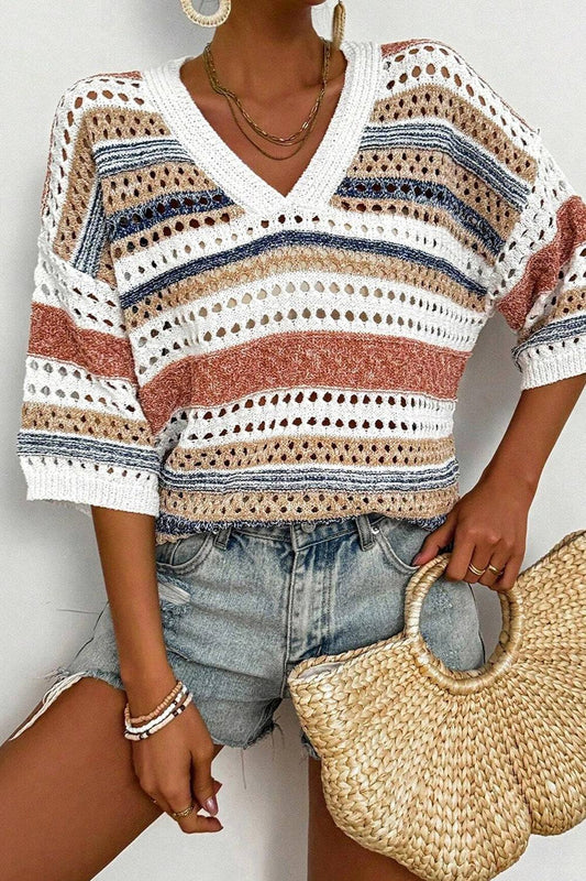 Hollow Out Half Sleeve Striped Knit Top with casual design and breathable style.
