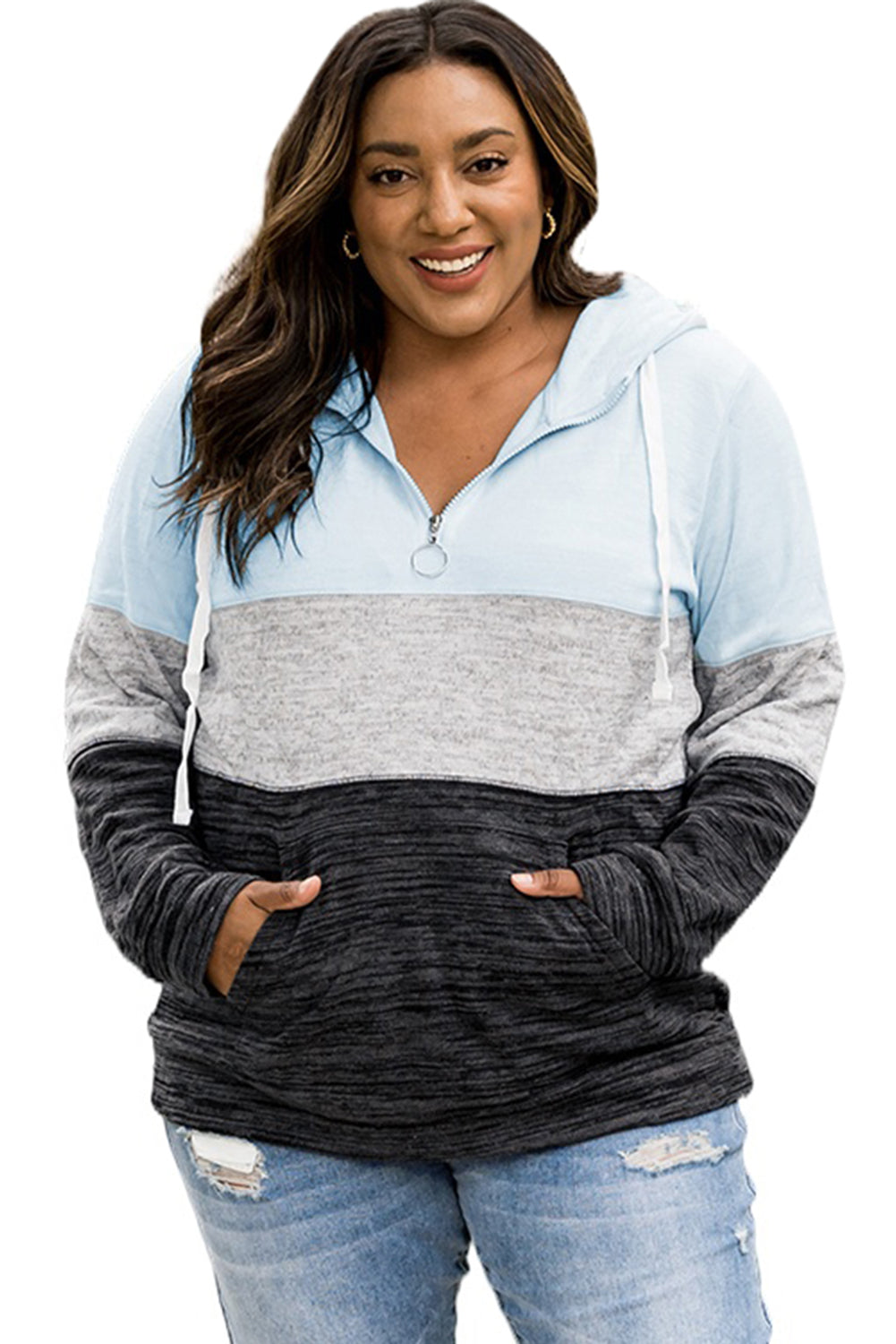 Sky Blue Color Block Long Sleeve Zipper Plus Size Hoodie