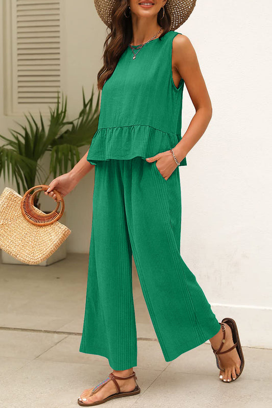 Ensemble débardeur et pantalon côtelés de couleur unie verte