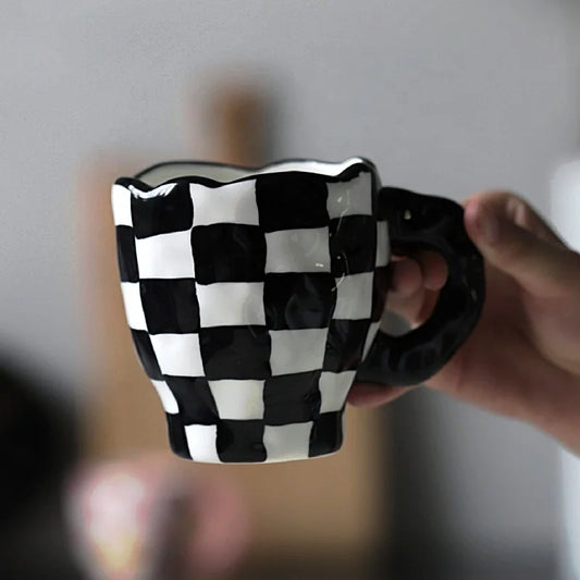 Handmade Coffee Cup Ceramic Irregular Checkerboard Design