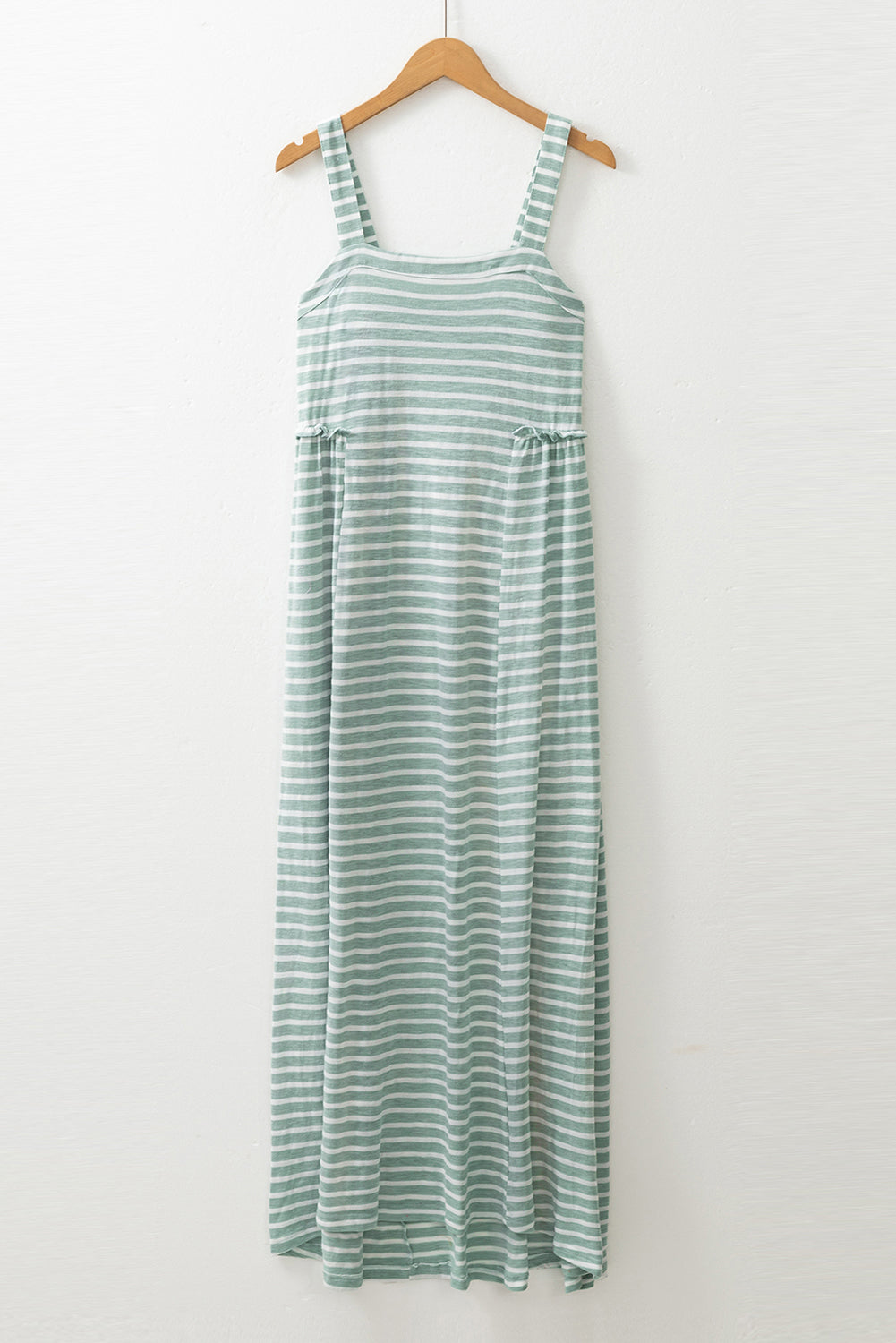 Robe longue froncée à rayures vertes – Taille haute, sans manches et fluide