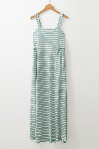 Robe longue froncée à rayures vertes – Taille haute, sans manches et fluide