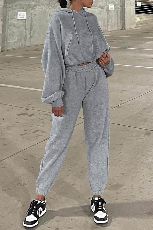 Gray activewear set front view with hoodie and joggers for women
