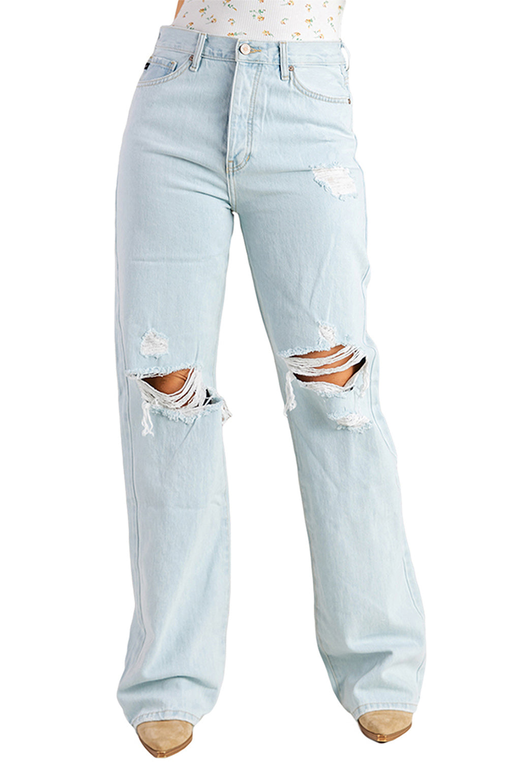 Sky Blue Washed Ripped Knee Wide Legs Jeans