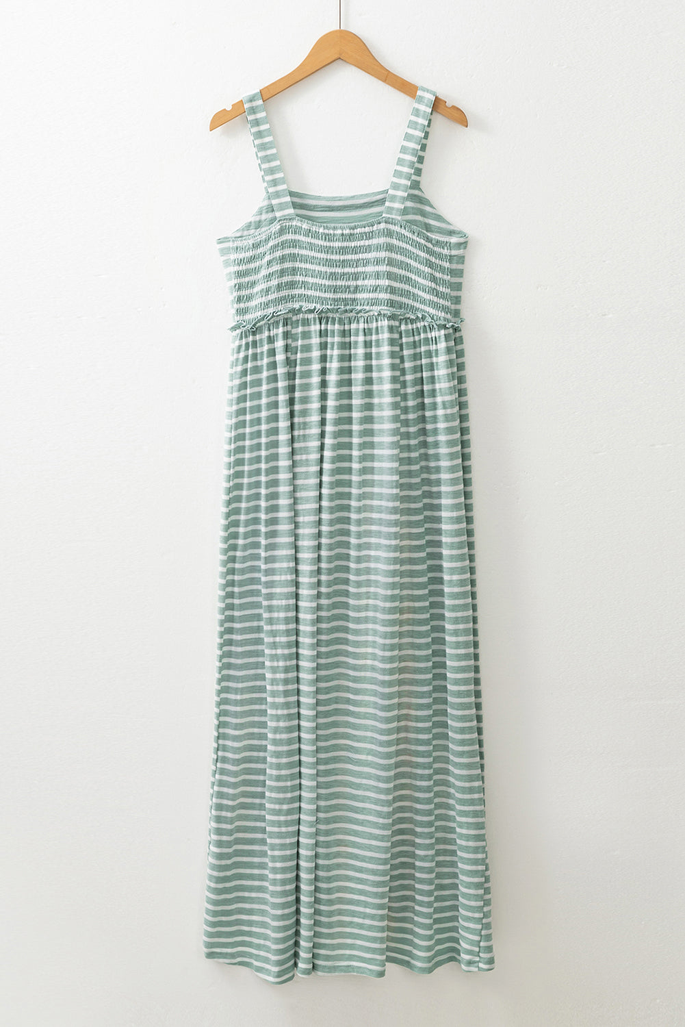 Robe longue froncée à rayures vertes – Taille haute, sans manches et fluide