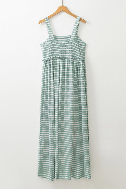 Robe longue froncée à rayures vertes – Taille haute, sans manches et fluide