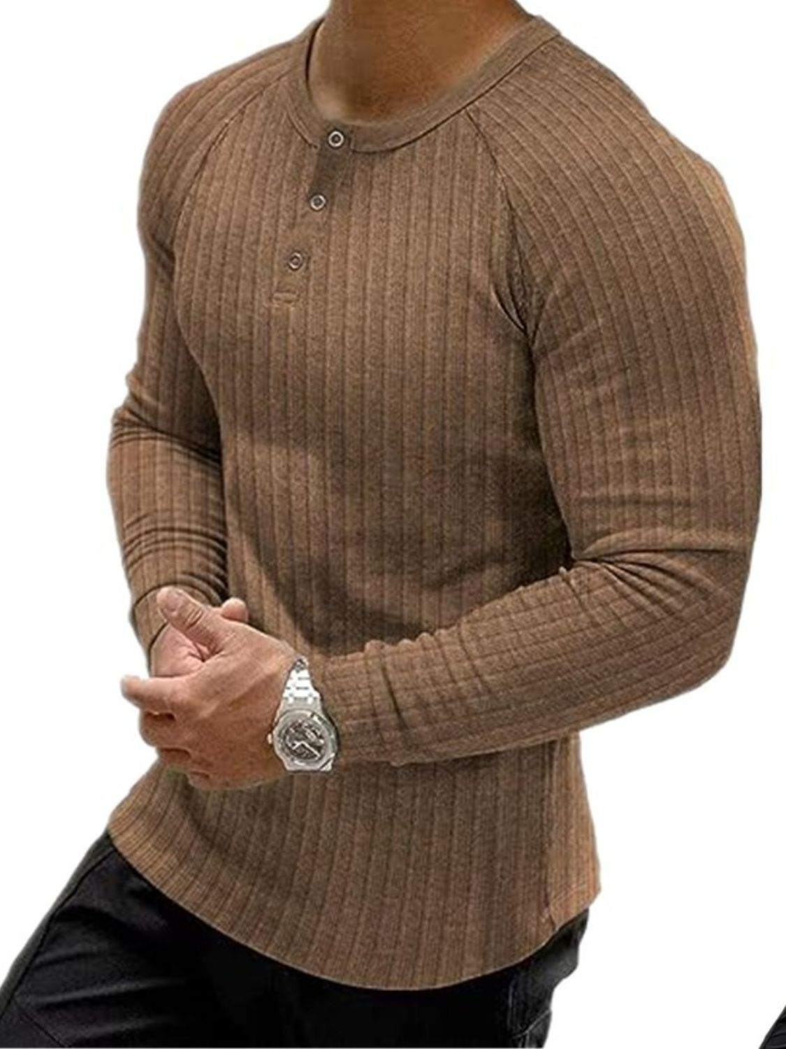 Mens plus size ribbed long sleeve t-shirt with buttoned neckline, comfortable fit, brown color.