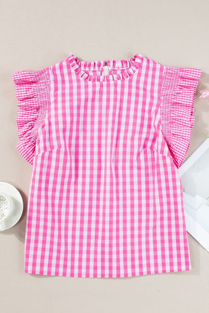 Checkered Ruffled Sleeve Flat Front Pink