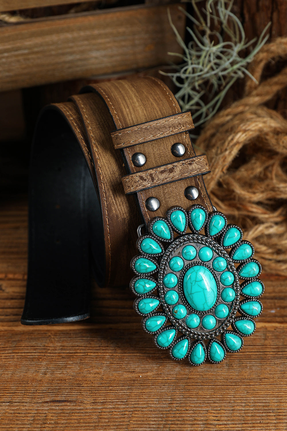 Ceinture large rétro bleu clair avec décor turquoise occidental 