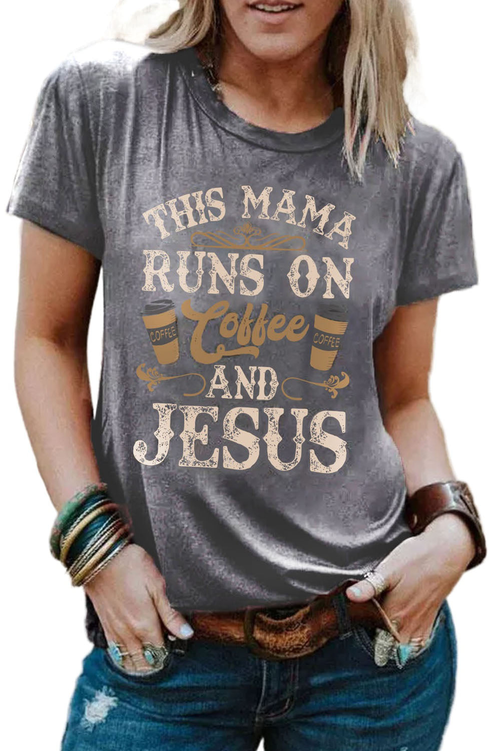 Gray Coffee And Jesus Graphic T-Shirt