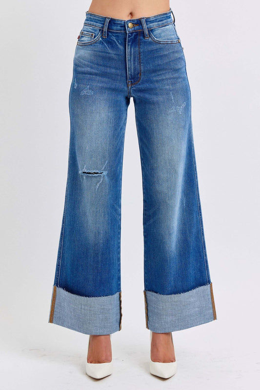 Judy Blue distressed high waist wide leg jeans with a stylish, relaxed vibe.