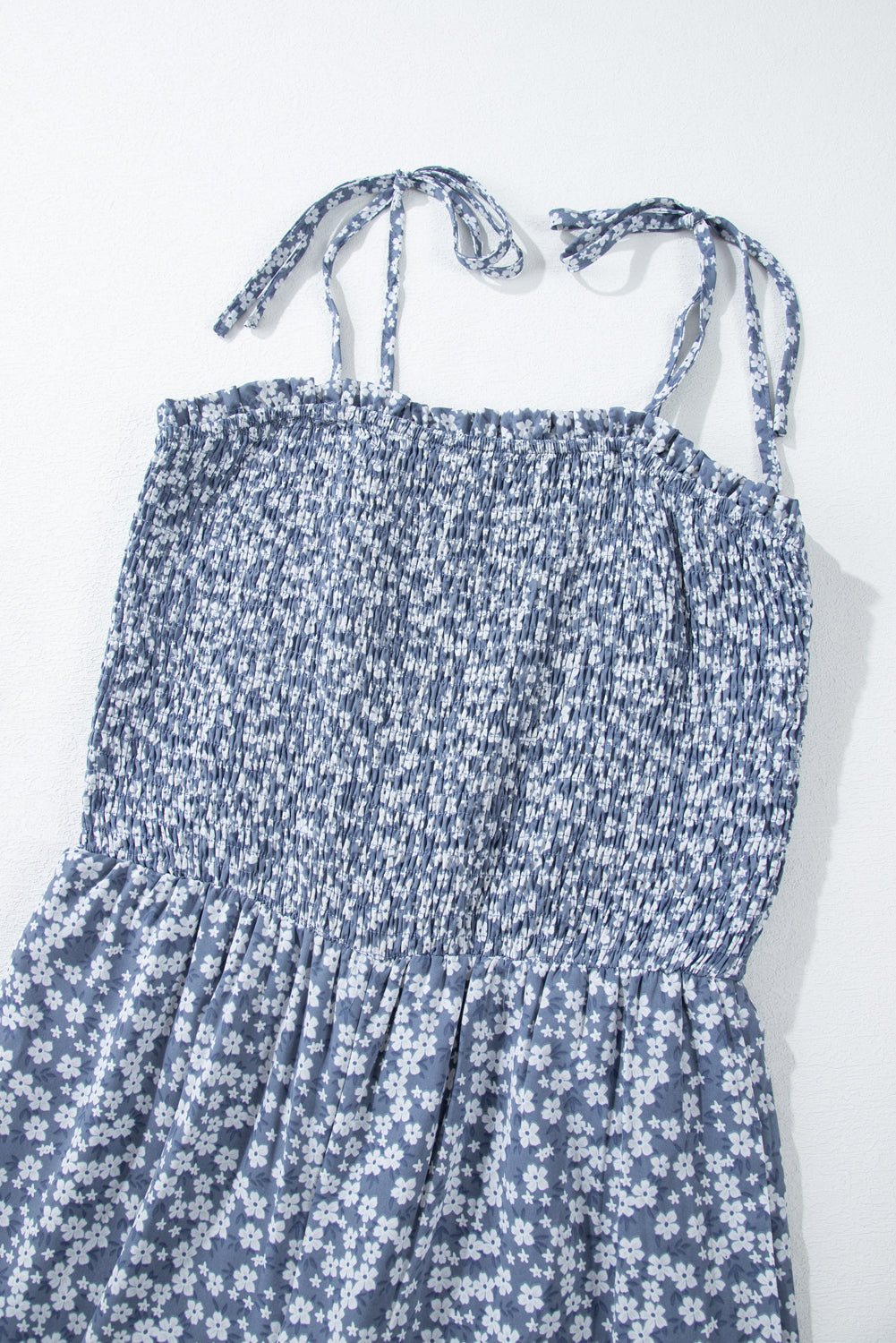 Dusk Blue Floral Smocked Bodice Wide Leg Jumpsuit