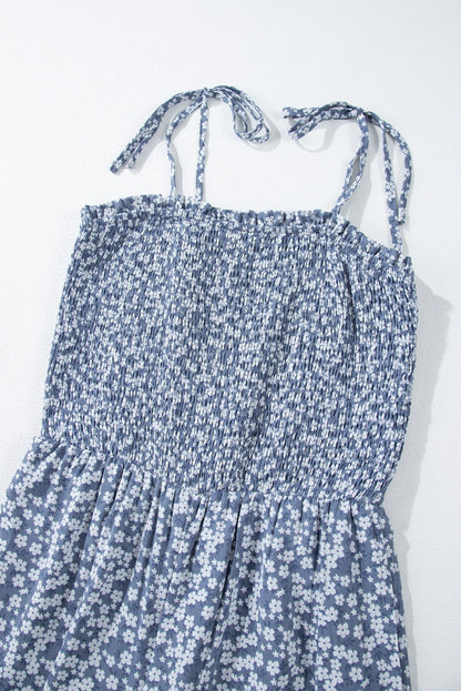 Dusk Blue Floral Smocked Bodice Wide Leg Jumpsuit