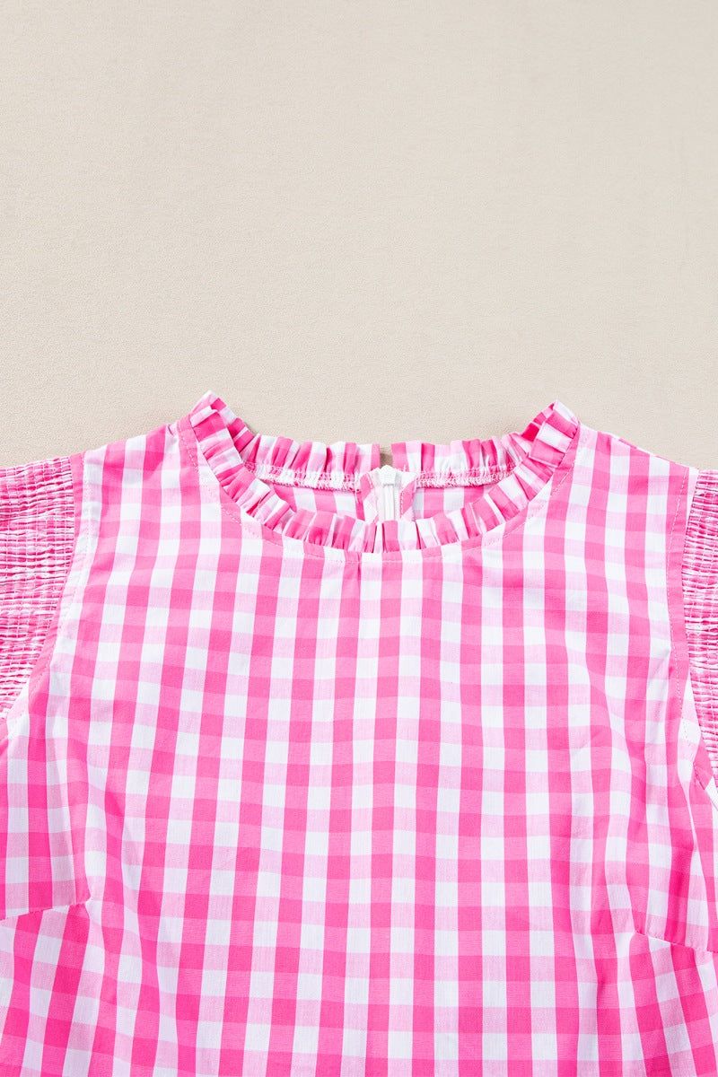 Checkered Ruffled Sleeve Neck Line Pink 