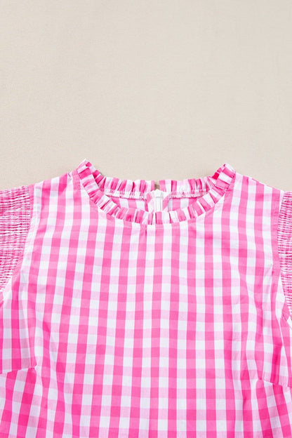Checkered Ruffled Sleeve Neck Line Pink 