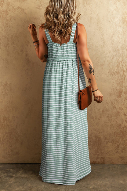 Robe longue froncée à rayures vertes – Taille haute, sans manches et fluide