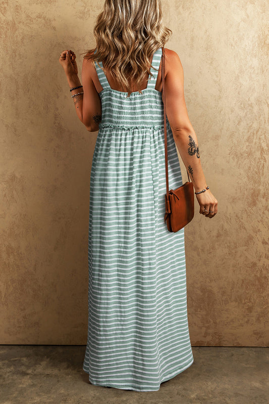 Robe longue froncée à rayures vertes – Taille haute, sans manches et fluide