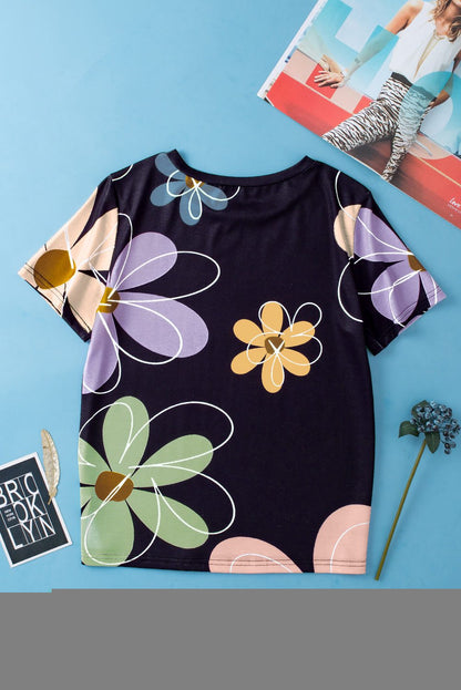 Black round neck t-shirt with vibrant summer floral print in pastel colors, casual women's top