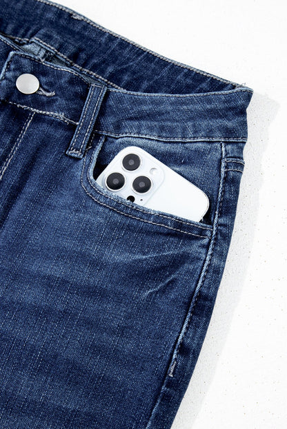 High waisted sail blue denim jeans with retro flared leg cut