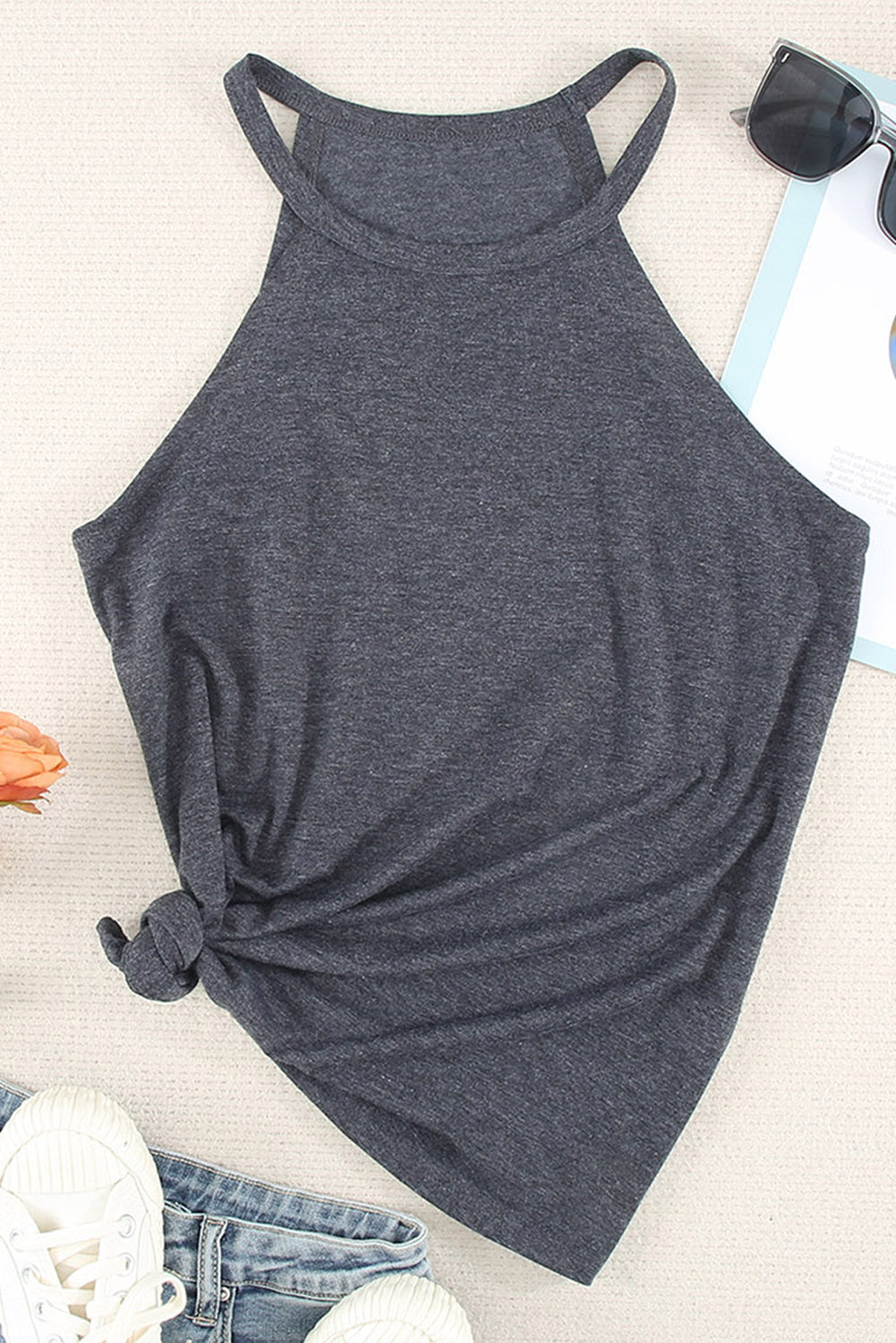 Grey Solid Color Crew Neck Tank Top