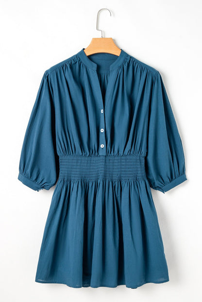 Prussian Blue 3 4th Sleeve Shirred High Waist Buttoned Mini Dress