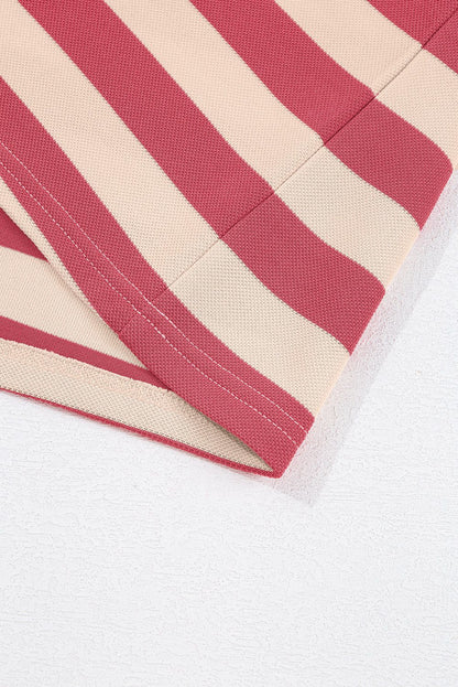 Striped mini dress fabric detail with red and beige pattern, showcasing chic elegance.