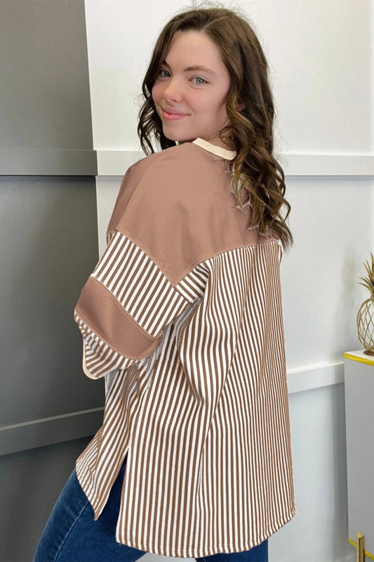 Plus size t-shirt with khaki stripe patchwork design and bracelet sleeves.