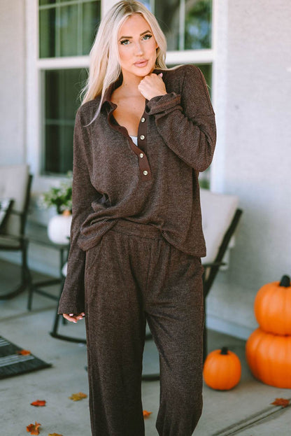 Brown Ribbed Knit Collared Henley Top
