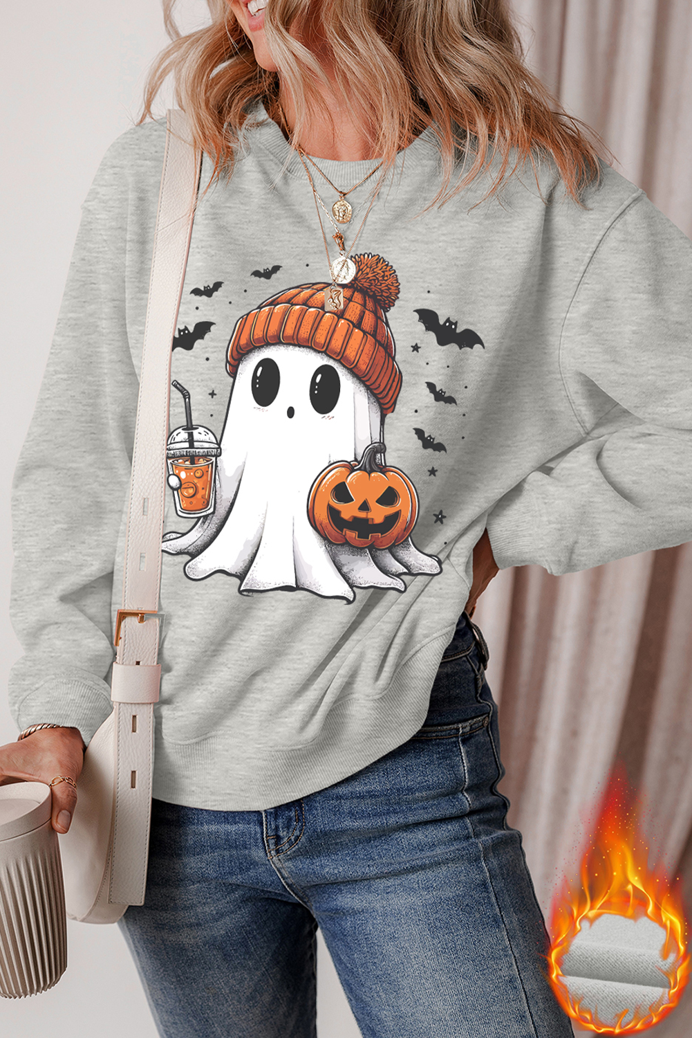 Sweat-shirt ras du cou gris à imprimé fantôme d'Halloween et épaules tombantes