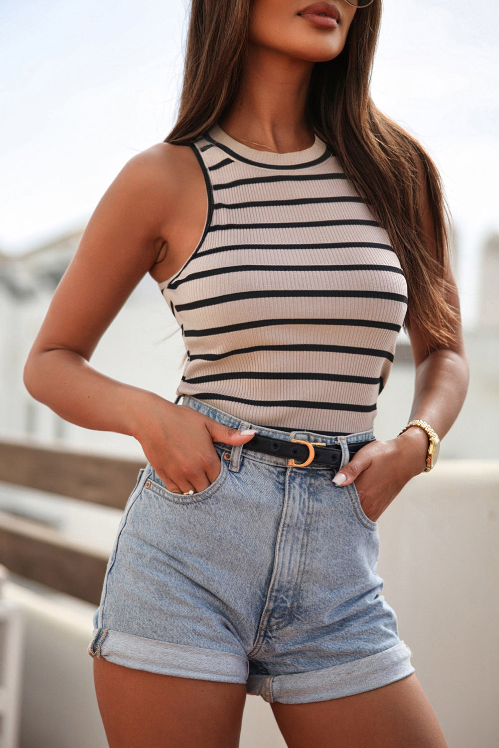 Apricot Striped Print Ribbed O-neck Sleeveless Top