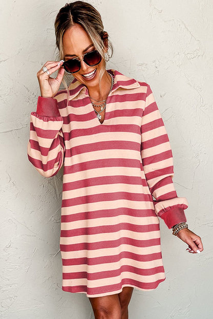 Striped mini dress with Johnny collar and long sleeves, pink and beige stripes, chic and versatile casual wear.