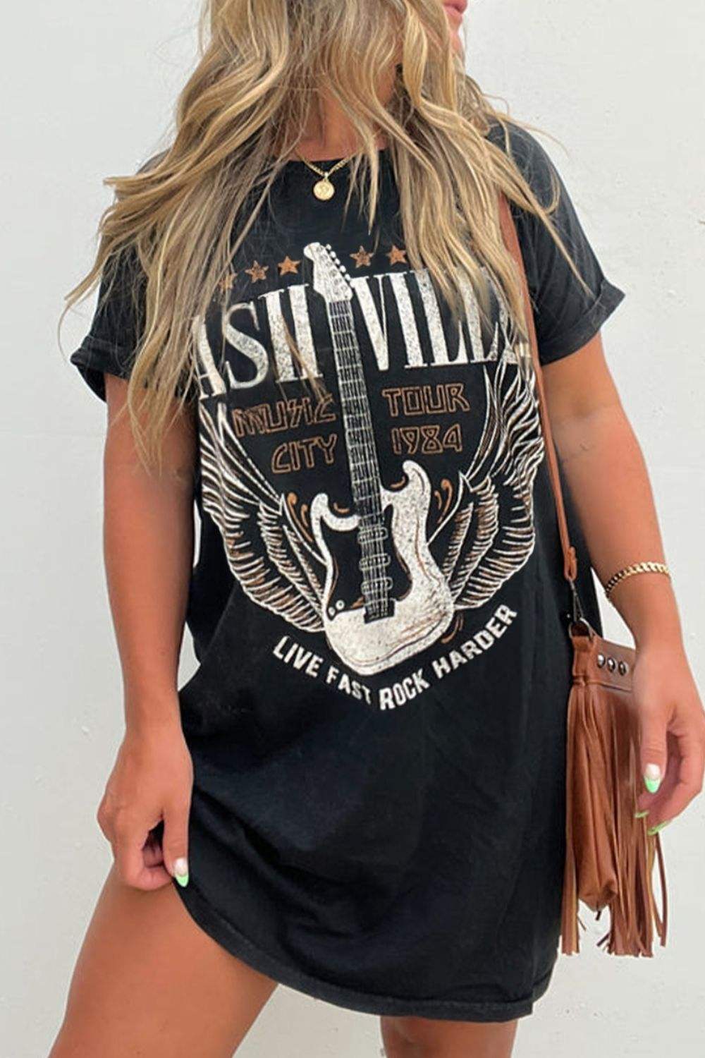 Graphic Round Neck Short Sleeve Tee Dress with guitar print, bold style, and modern design.