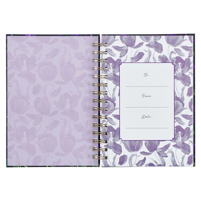 Black and purple wirebound journal with floral design, features Luke 1:45 scripture, hardcover, 192 ruled pages.