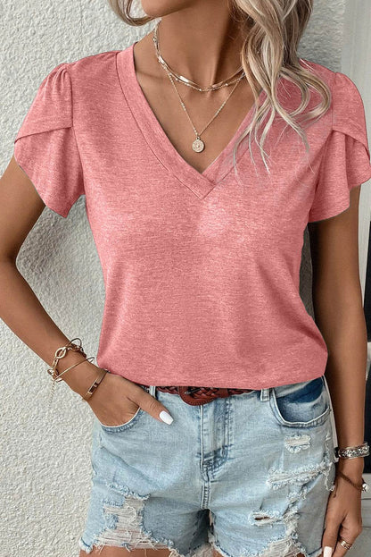 Rose tan petal sleeve V-neck t-shirt with soft fabric and casual fit.