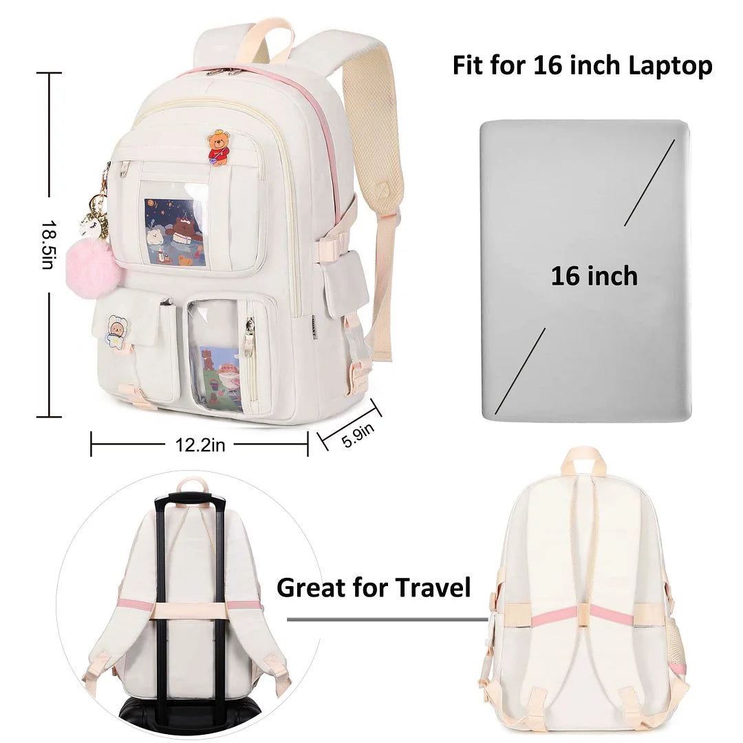 Laptop Backpacks 16 Inch College Backpack Large Travel Daypack Kawaii Bookbags for Girls Women Students （Off-White）