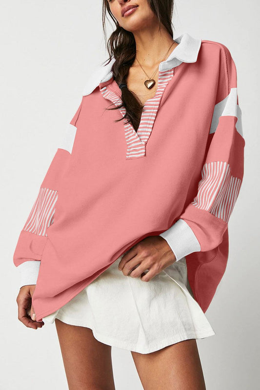 Women's striped colorblock patchwork collar sweatshirt in pink with white and striped accents, casual pullover style.