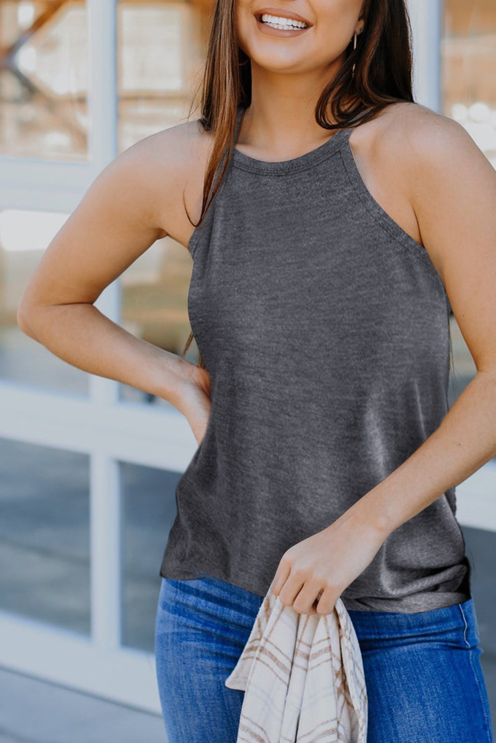 Grey Solid Color Crew Neck Tank Top