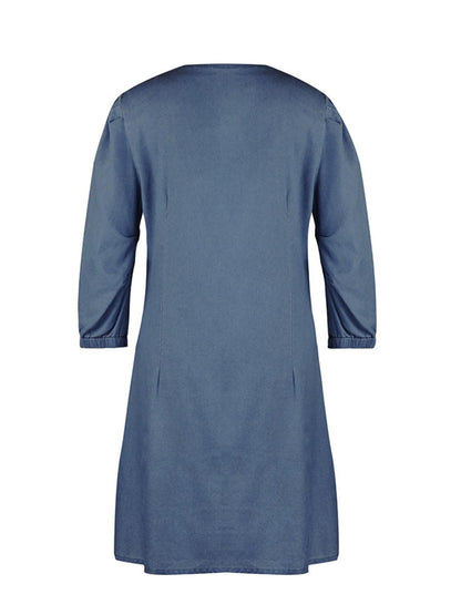 Full Size V-Neck Half Sleeve Dress in blue, basic style, no stretch, crafted from 65% rayon and 35% polyester.