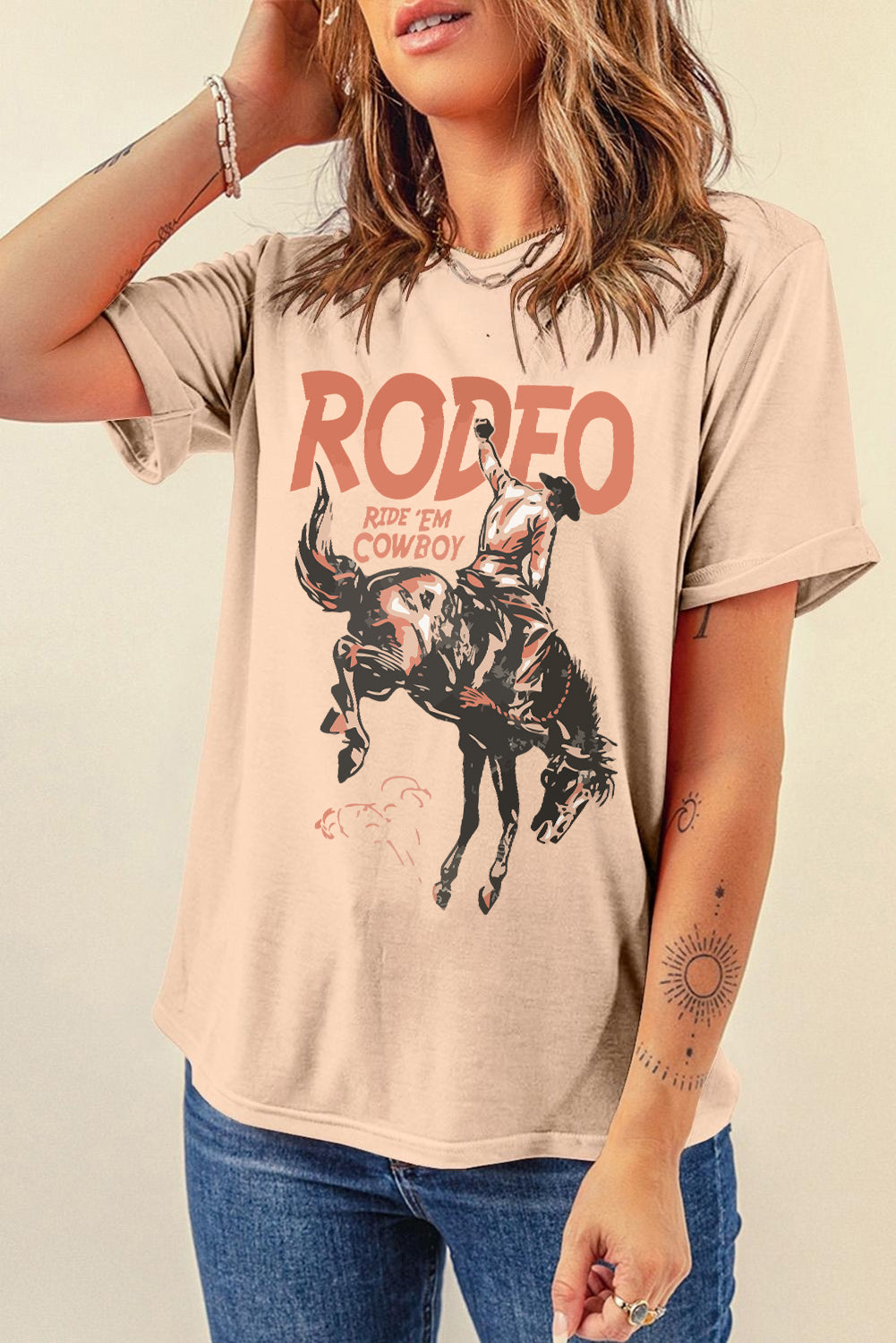 White RODEO Cowboy Graphic Crewneck T Shirt