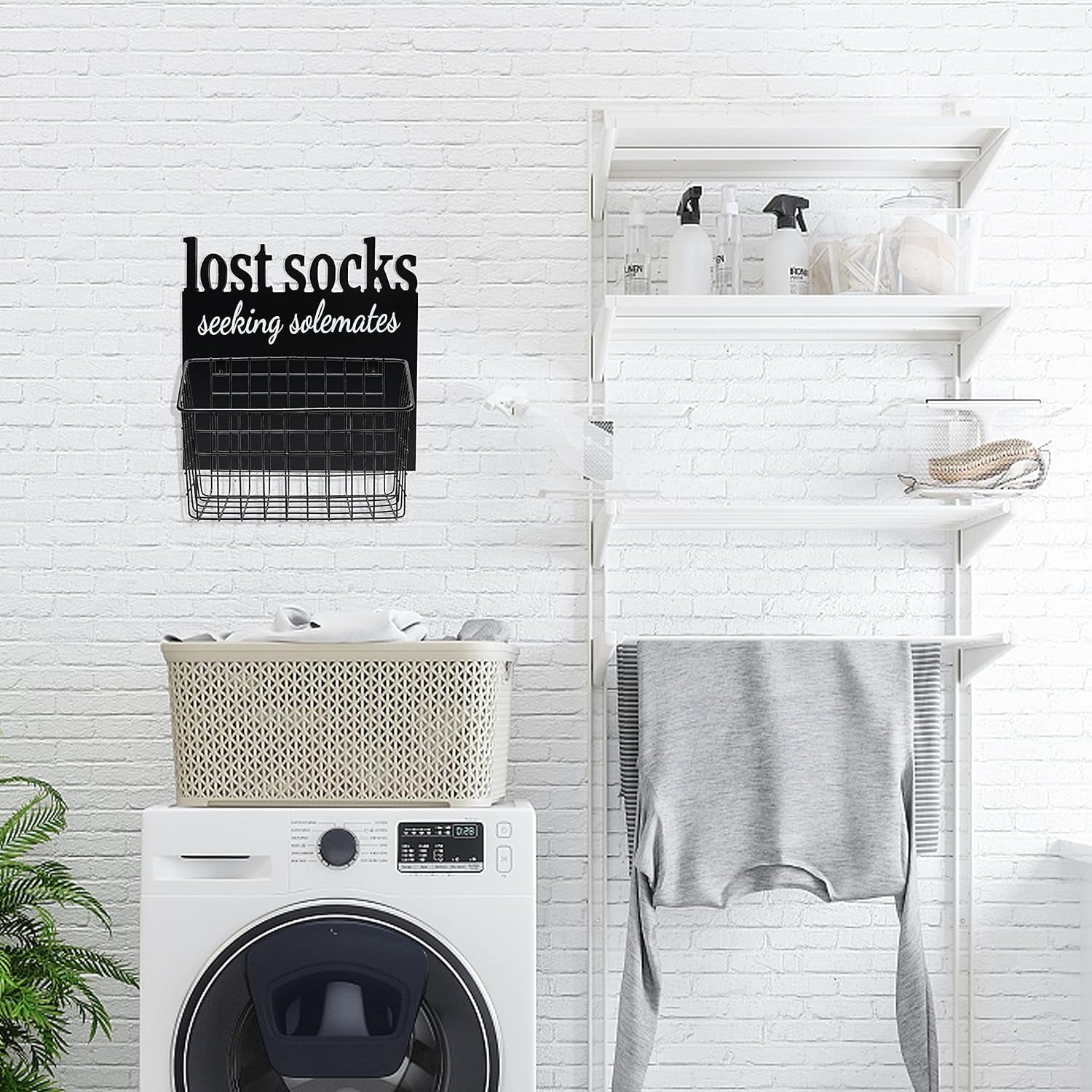 Cutout Letters Lost Socks - Laundry Room Organization, Farmhouse Laundry Room Decor and Accessories - House Decor Rustic Wooden Laundry Sign Wall Decor with Attached Basket - Black