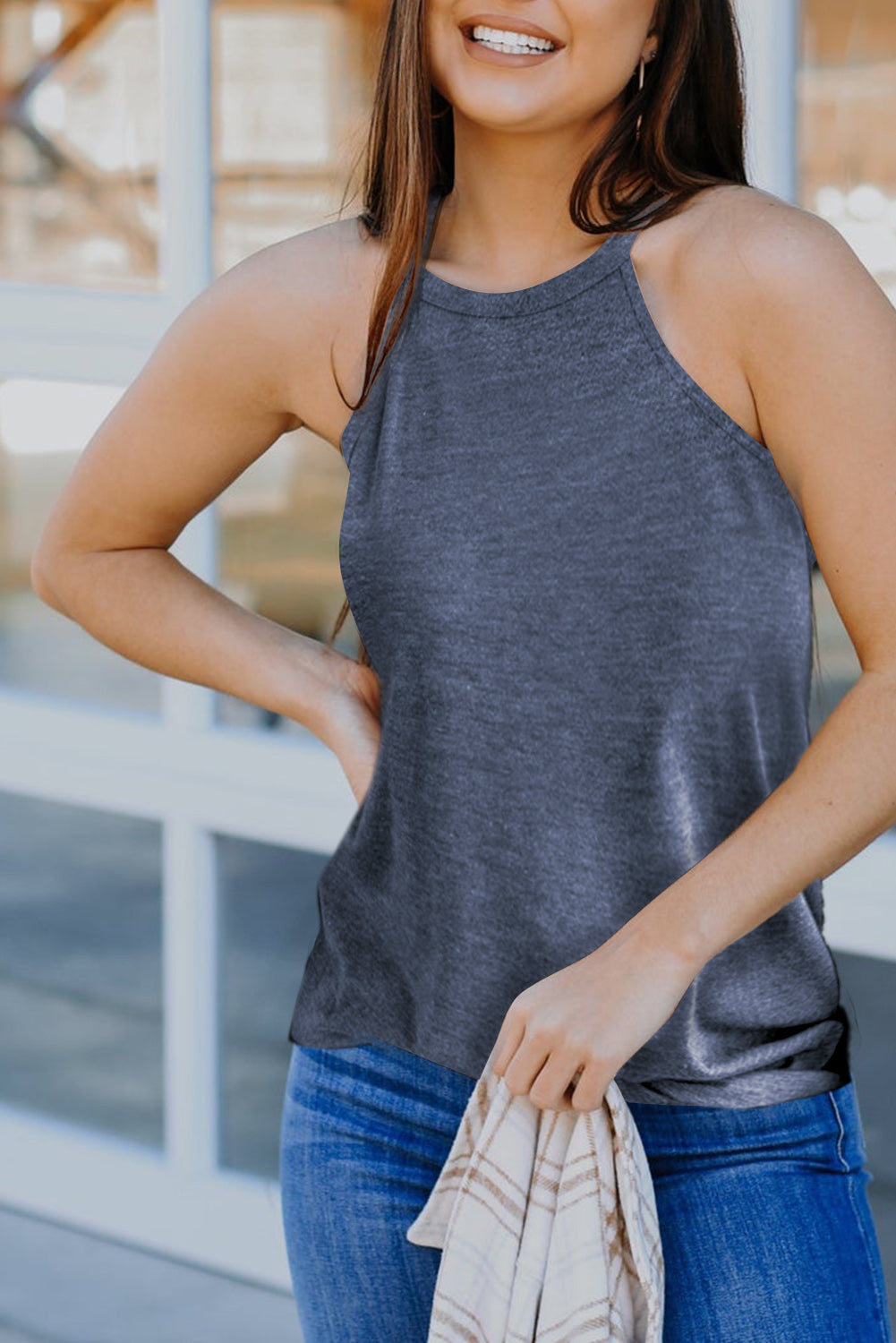 Grey Solid Color Crew Neck Tank Top